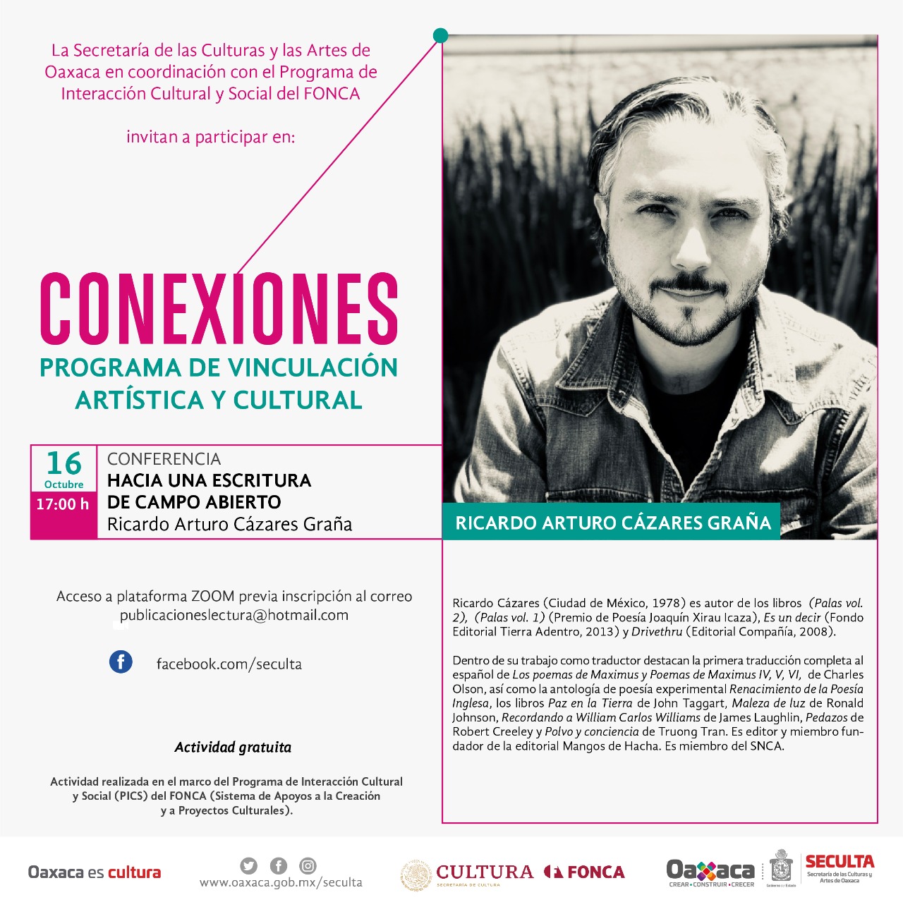 Invita Seculta a la conferencia “Hacia una escritura de campo abierto” de Ricardo Cázares Graña